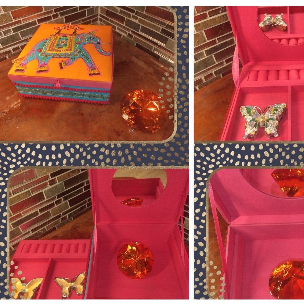 Jewelry box art diamond Glass and butterfly trinket box lot 3 items